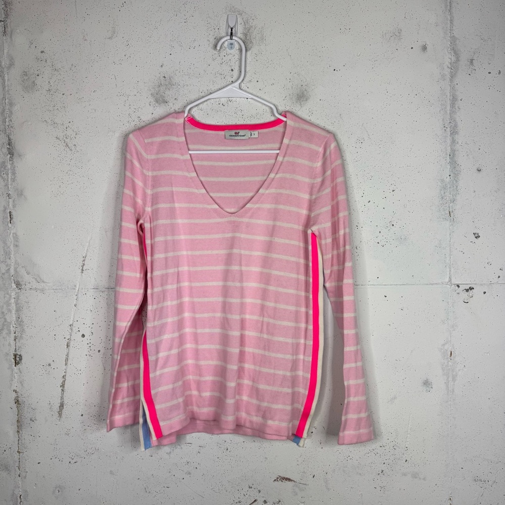 Vineyard Vines V-Neck Poplin Striped Contrast Trim Sweater Small